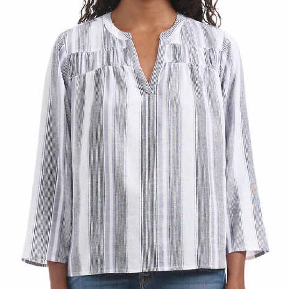 SPLENDID Linen Blend Blouse Ladies Size M Grey Purple White‎ Strip Top Shirt NWT